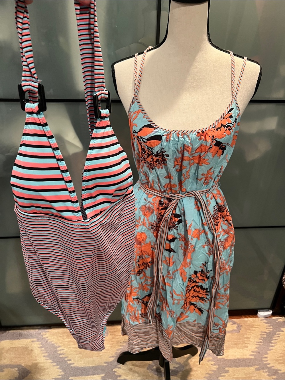 Nanette Lepore Aqua & Coral Floral Tie-Waist Swim Dress with Striped Suit